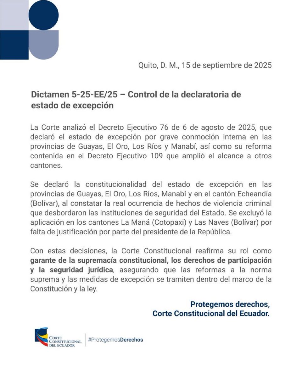 klaveec's tweet image. ‼️URGENTE
🇪🇨 | La @CorteConstEc avaló el estado de excepción en los cantones de #Guayas, #ElOro, #LosRíos, #Manabí y #Echeandía (Bolívar) ante la violencia criminal.
Se excluyeron #LaManá (Cotopaxi) y #LasNaves (Bolívar) por falta de justificación.
@Presidencia_Ec @Gobierno_Ec…