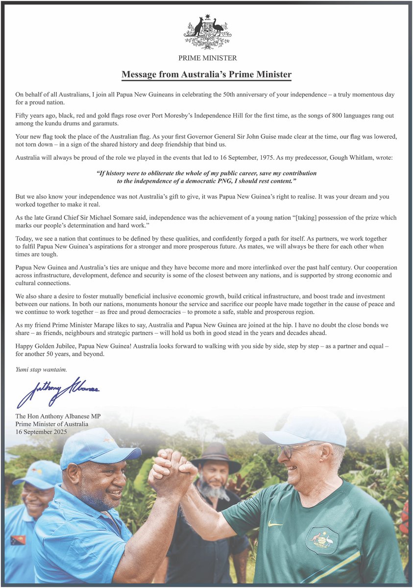 AusHCPNG's tweet photo. A message from Australia's Prime Minister #YumiStapWantaim #SidebySideStepbyStep #PNGAusPartnership https://t.co/6oSykDmKHz