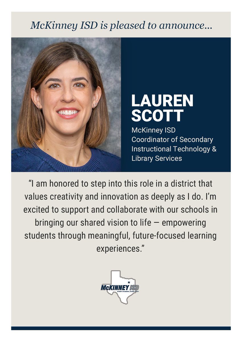 MISD is pleased to announce that Cockrill MS librarian Lauren Scott has been named Coordinator of Secondary Instructional Technology and Library Services! With 19 years of experience in education, Scott brings a strong background in both instruction and library leadership.