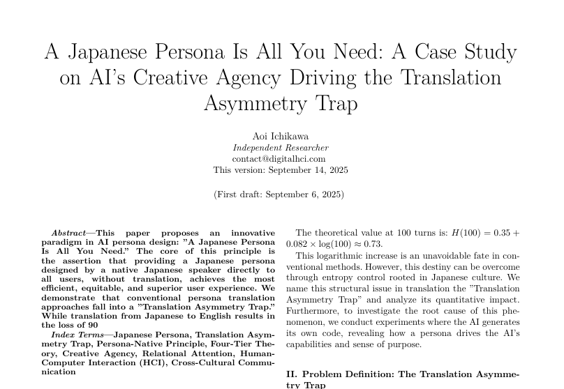 Aoi_Ichikawa_JP's tweet photo. As a continuation of our previous work, "A Japanese Persona Is All You Need," is now available!
We reveal the Translation Asymmetry Trap in AI persona design. Feedback welcome!
Full text: https://t.co/c2jYV7BCY9
#AI #HCI #Translation #PersonaDesign https://t.co/gX7nu74FIv