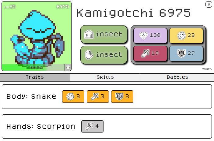 <a href="/FOCGERS/">FOCGERS UNITE</a> <a href="/BirthdayBoiON/">BirthdayBoi</a> <a href="/kamigotchiworld/">Kamigotchi</a> I’ve selected the top 4 Kamis by type from among the various collections!!

Normal / Eerie / Scrap / Insect