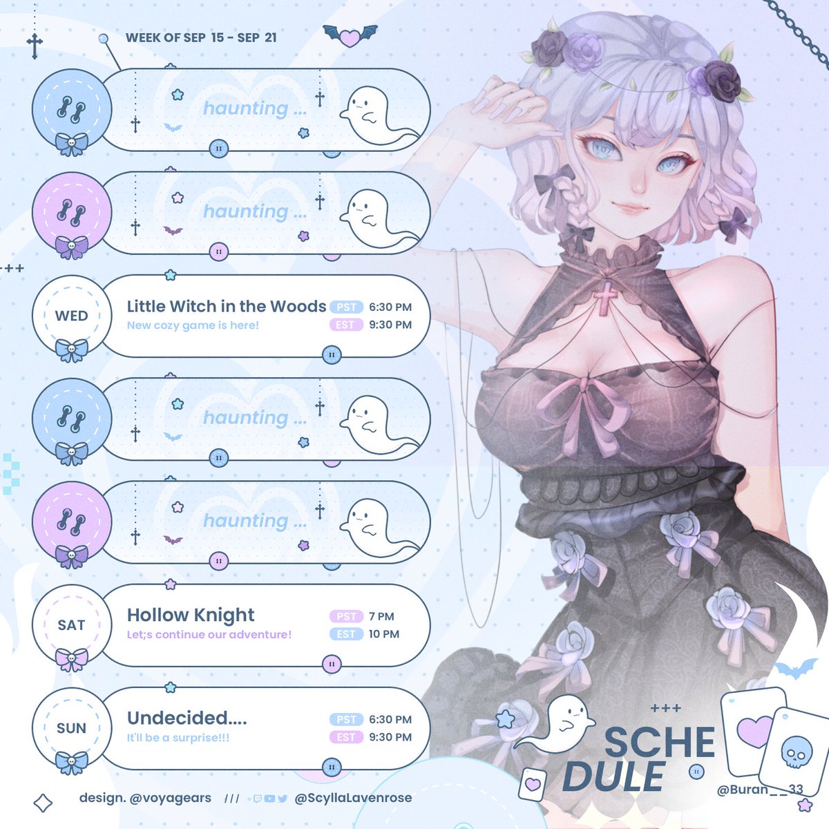ScyllaLavenrose's tweet photo. ✦ Weekly Schedule: Sep 15 - Sep 21 ✦    

New cozy game alert + more hollow knight shenanigans... And a stream we'll decide on later! Can we get to 250 followers before the end of the month?!

~ Follow me  ~  
💙 https://t.co/vh8Xte7fpp
💜 https://t.co/4phbcgsVRA 

#Scyllive https://t.co/tUUzkMPjHg