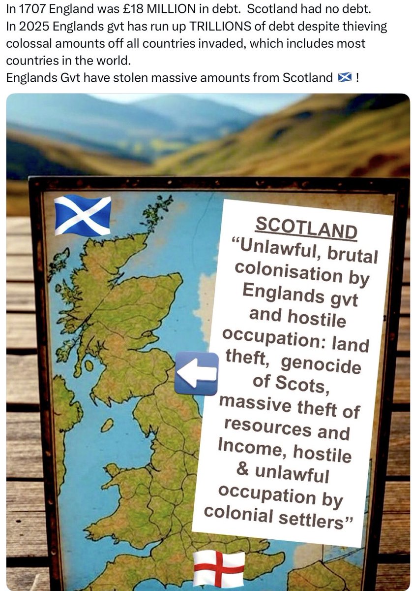 In 1707, England was drowning in debt. Scotland had none.  
Now in 2025, England’s government owes trillions—after centuries of looting, colonising, and draining Scotland’s resources.  
So tell me: Why should Scotland stay shackled to this economic parasite?