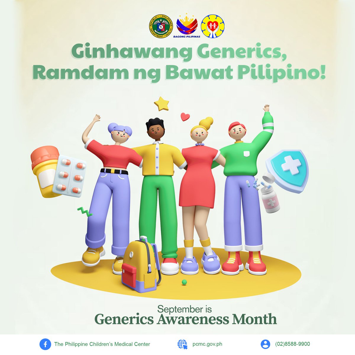 PCMCgovph's tweet photo. “Ginhawang Generics, Ramdam ng Bawat Pilipino.” 

Kamusta, ka-Generics! 

Ngayong Setyembre, sabay-sabay nating ipagdiwang ang Generics Awareness Month 2025. Kung saan naglalayon na mabigyan ng ligtas, mabisa, dekalidad, at abot-kayang gamot ang lahat ng Pilipino. https://t.co/Ctg1ZUHAQk