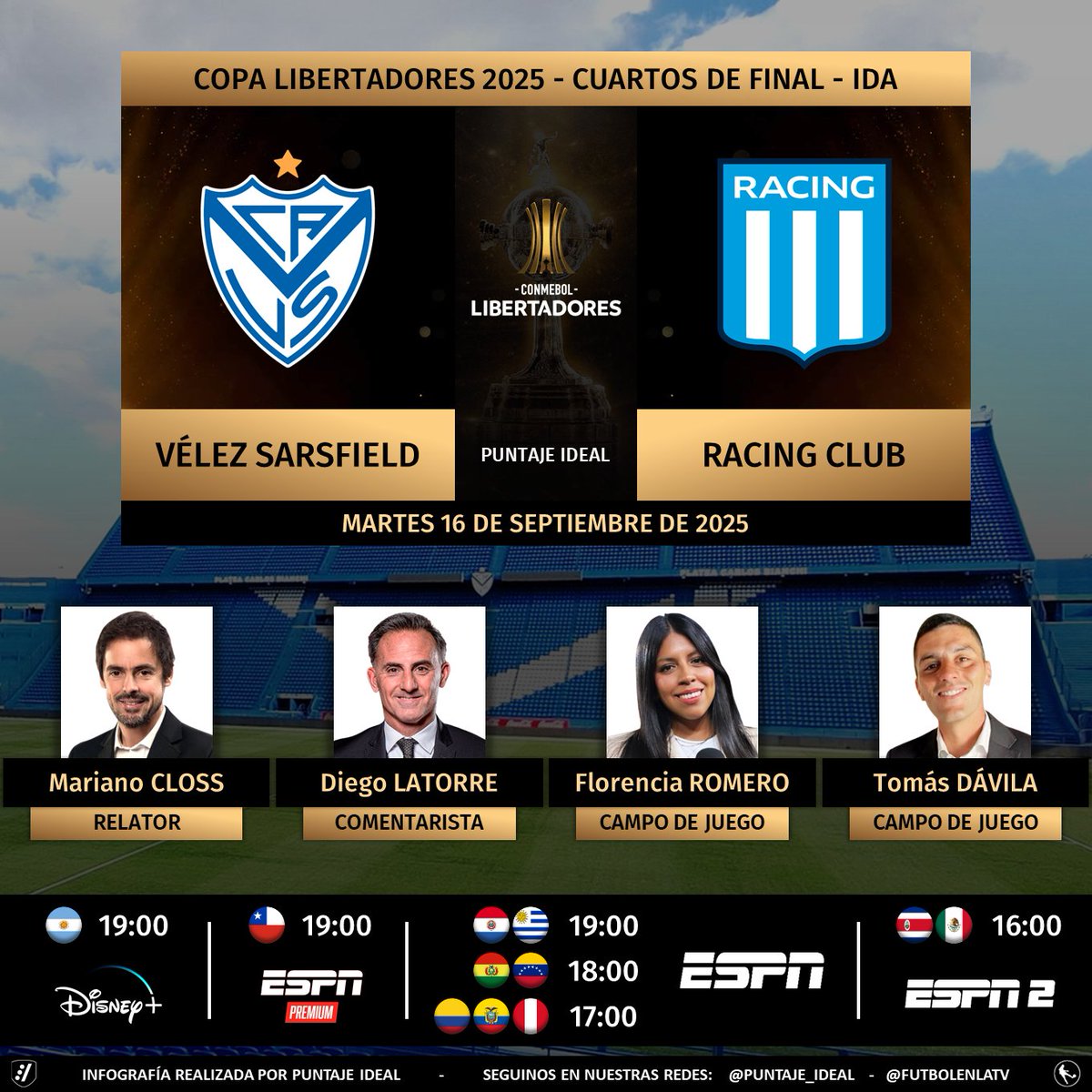 Puntaje Ideal (@puntaje_ideal) on Twitter photo ⚽ #Libertadores | 🇦🇷 #Vélez vs. #Racing 🇦🇷
🎙 Relator: Mariano Closs
🎙 Comentarista: <a href="/dflatorre/">Diego Latorre</a>
🎙 CdJ: <a href="/florjuy_/">Flor Romero</a> - <a href="/DavilaTomi/">Tomas Davila</a>
📺 #ESPNPremium Chile 🇨🇱
📺 #ESPN Sudamérica (❌🇦🇷🇨🇱)
📺 #ESPN2 Norte
💻📱 <a href="/disneyplusla/">Disney+ Latinoamérica</a> Latam
🤳 #LIBERTADORESxESPN - #GloriaEterna
Dale RT 🔃 ⚽ #Libertadores | 🇦🇷 #Vélez vs. #Racing 🇦🇷
🎙 Relator: Mariano Closs
🎙 Comentarista: <a href="/dflatorre/">Diego Latorre</a>
🎙 CdJ: <a href="/florjuy_/">Flor Romero</a> - <a href="/DavilaTomi/">Tomas Davila</a>
📺 #ESPNPremium Chile 🇨🇱
📺 #ESPN Sudamérica (❌🇦🇷🇨🇱)
📺 #ESPN2 Norte
💻📱 <a href="/disneyplusla/">Disney+ Latinoamérica</a> Latam
🤳 #LIBERTADORESxESPN - #GloriaEterna
Dale RT 🔃