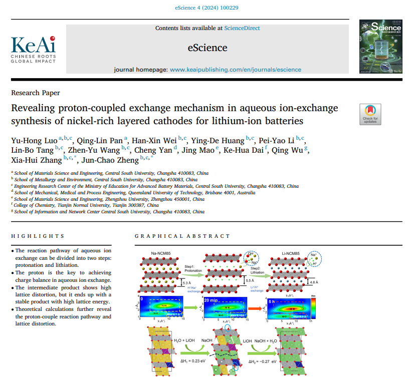 Revealing proton-coupled exchange mechanism in aqueous ion-exchange synthesis of nickel-rich layered cathodes for lithium-ion batteries, eScience 4 (2024) 100229, by Prof. Jun-Chao Zheng &amp; Prof. Xia-Hui Zhang 
#Ion exchange
#Proton-coupled
#Ni-rich oxides
lnkd.in/eU5kvY45
