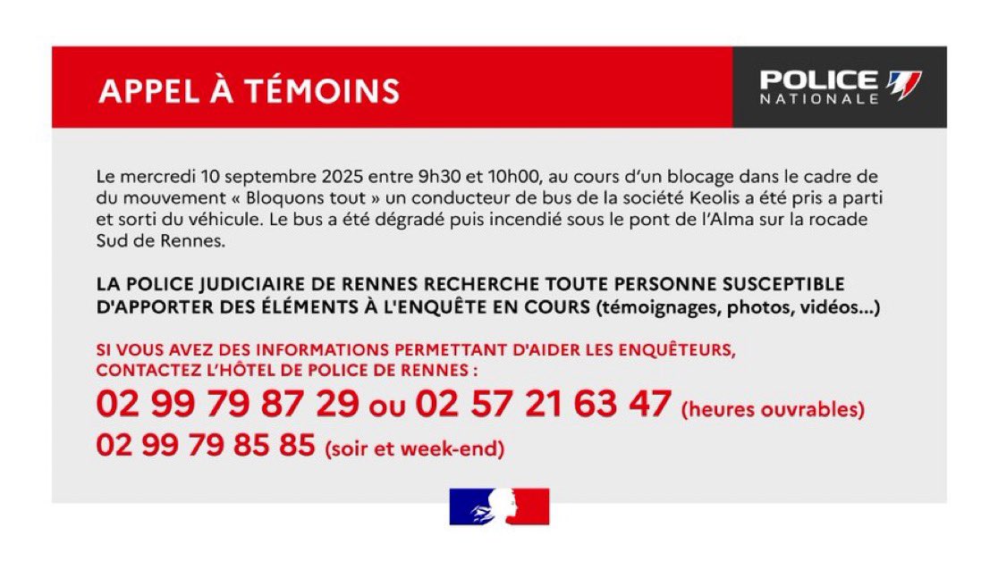 À #Rennes  le 10 septembre, plusieurs centaines d’extrémistes  ont incendié un bus sur la rocade.

Résultat : le pont est endommagé et les milliers d’usagers seront pénalisés pendant des mois. 😡

Les enquêteurs de la #PoliceJudiciaire ont lancé un appel à témoin pour tenter