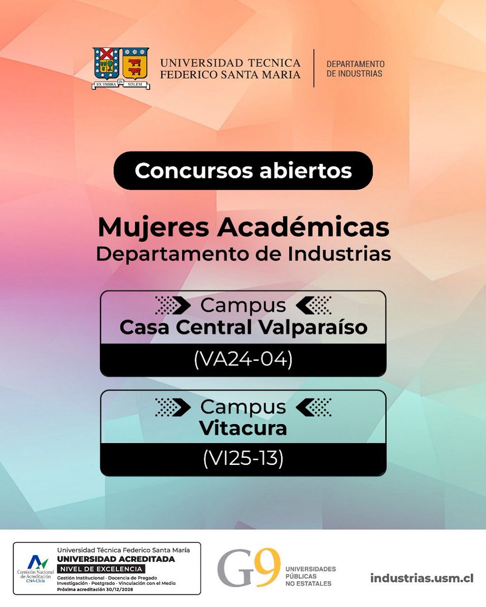 Concursos: Vacantes de Académicas Departamento de Industrias

Más información, bases y postulaciones:
- Vacante Académica Valparaíso (Código VA24-04): vra.usm.cl/ofertas-labora…
- Vacante Académica Vitacura (Código VI25-13): vra.usm.cl/ofertas-labora…
 
#Investigación #vacantes #usm