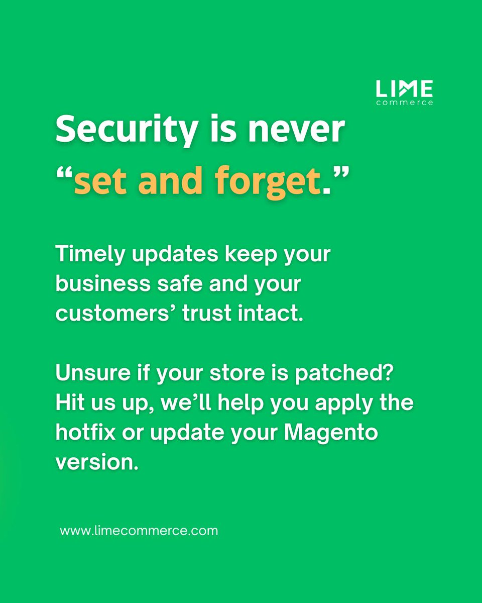 Limecommercecom's tweet image. Not sure if your store is protected? Contact us. We’ll help you apply the fix or upgrade your Magento version before it’s too late.
#Magento #MagentoDeveloper #Ecommerce #MagentoSecurity #ShopifyPartner #Limecommerce