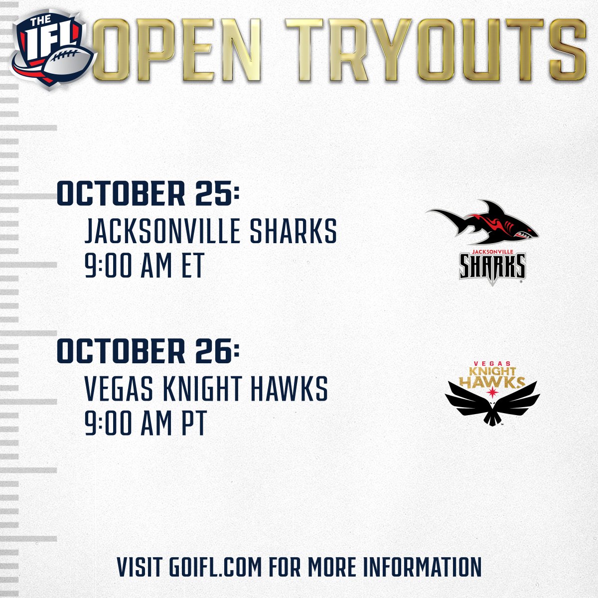 IndoorFL's tweet photo. 🚨 THE HUNT BEGINS 🚨

The @jaxsharks 🦈 and the Defending Champion @KnightHawksIFL 🏆 are hosting the first open tryouts of the 2026 season!

Two teams. One dream. Your shot to go pro starts HERE. 💥

Details at https://t.co/8mTJO3kMi2 https://t.co/2xmXZarNp3