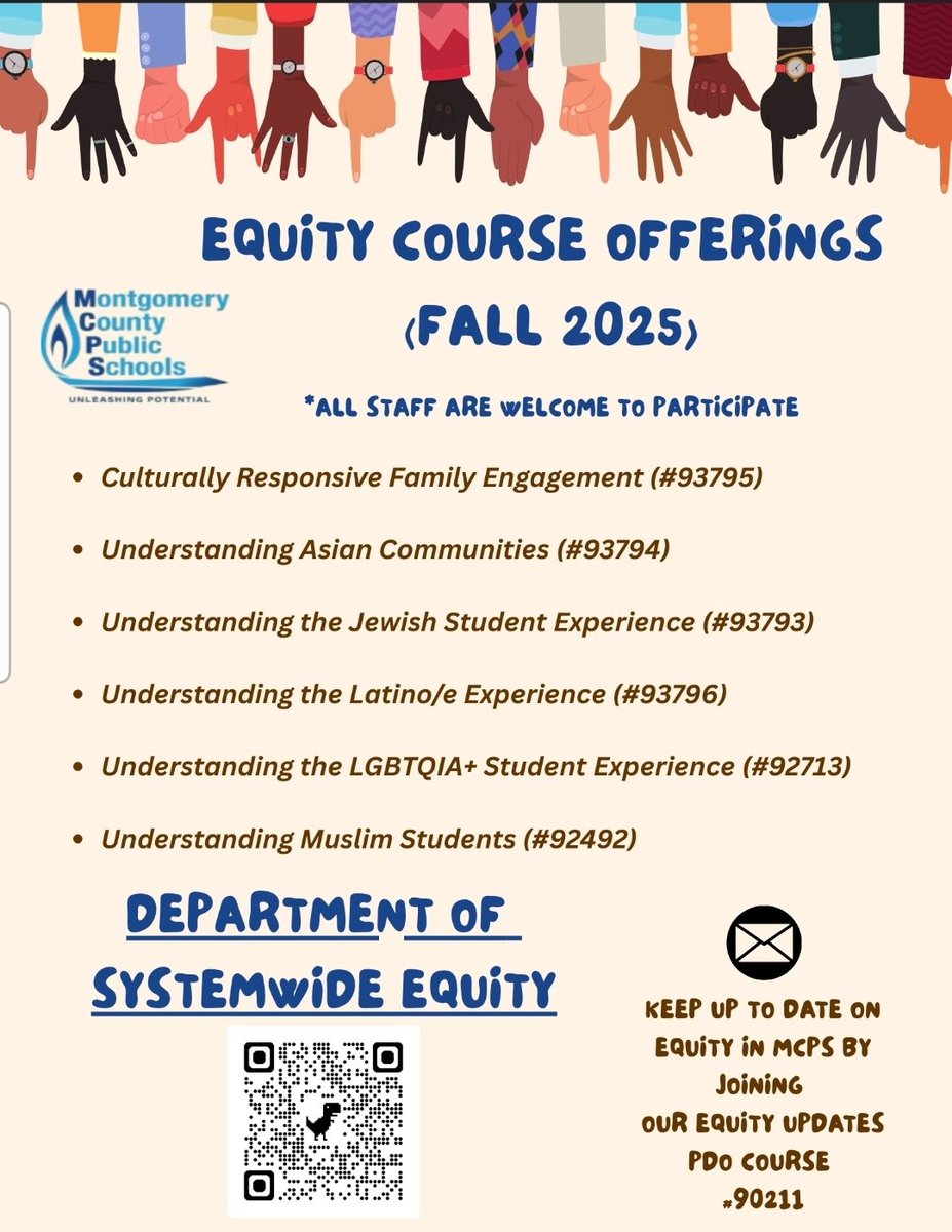 Equity Team (@mcpsequityteam) on Twitter photo MCPS EDUCATORS! 
There's still time to enroll and learn about many of the diverse students we serve in MCPS. Registration is via PDO. MCPS EDUCATORS! 
There's still time to enroll and learn about many of the diverse students we serve in MCPS. Registration is via PDO.