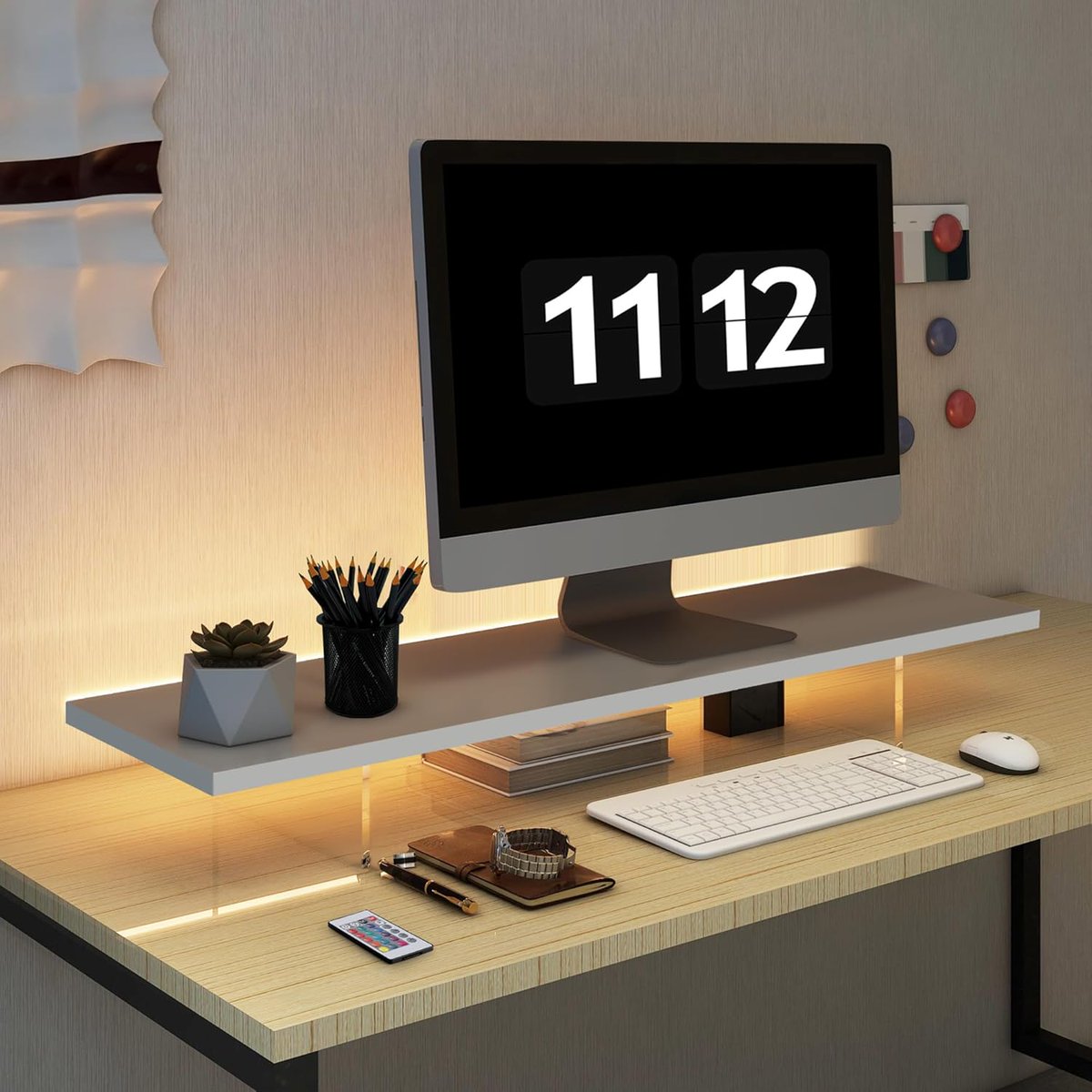 Not your average monitor stand 🌟 This wood &amp; acrylic design comes with LED lights for a stylish, modern desk setup.
👉 Shop here: linktr.ee/Babygalcrystal