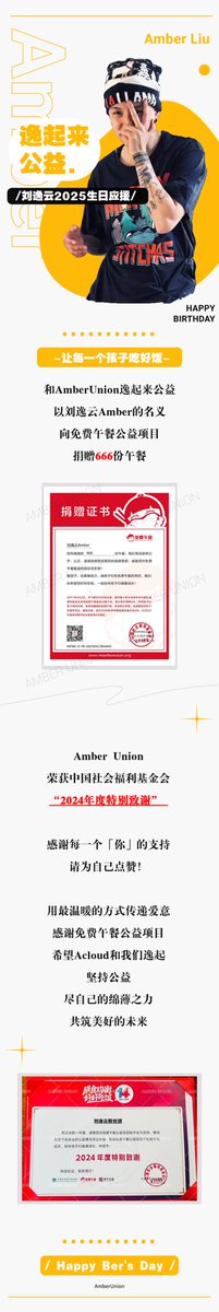 2025Amber刘逸云生日企划💌公益项目

✨𝐇𝐚𝐩𝐩𝐲 𝐁𝐞𝐫'𝐬 𝐃𝐚𝐲
生日快乐 <a href="/amberliu/">Amber Liu 刘逸云</a> 🦙

#happybersday 
以刘逸云Amber的名义向免费午餐项目捐赠666份午餐

🧡💛很荣幸获得中国社会福利基金会“2024年度特别致谢” 🧡💛

🧡𝐀𝐜𝐥𝐨𝐮𝐝 𝐰𝐢𝐭𝐡 𝐀𝐦𝐛𝐞𝐫💛
#AmberLiu
#刘逸云