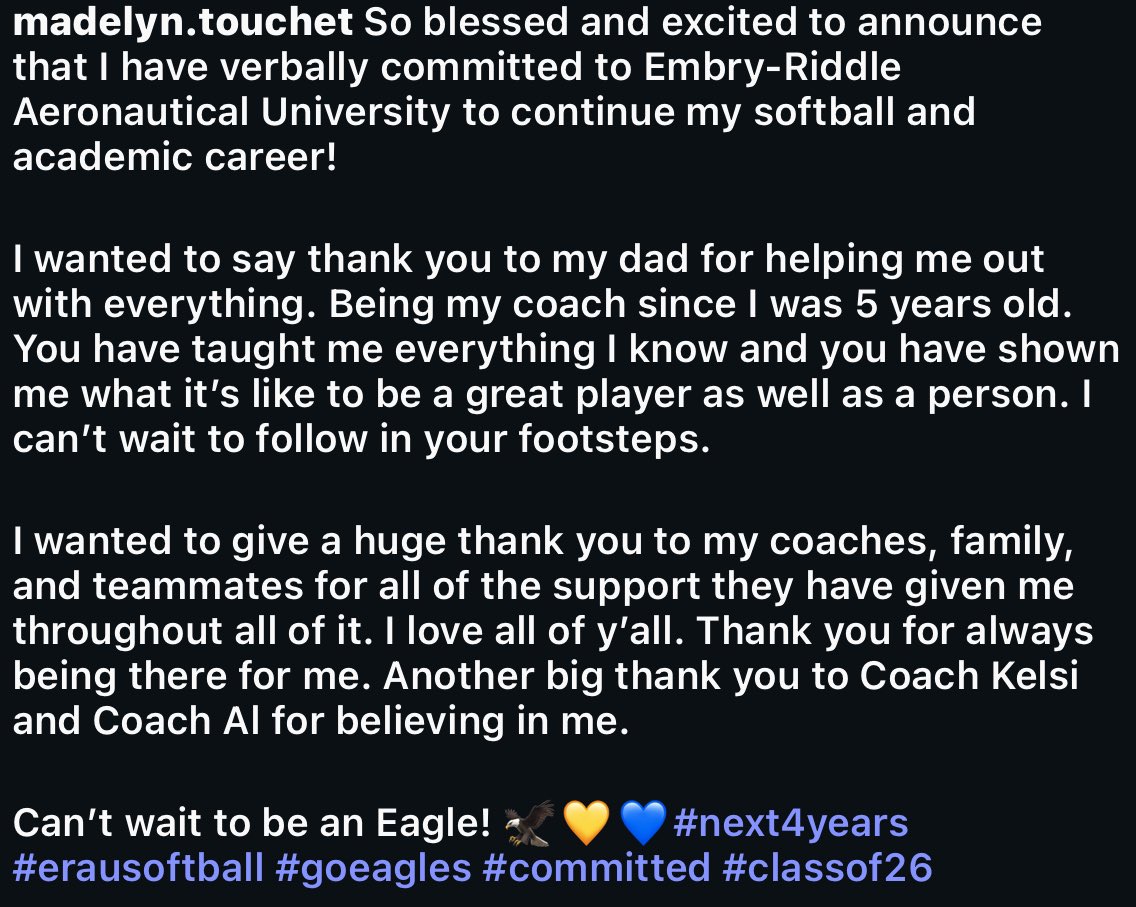 So excited to announce my verbal commitment to <a href="/ERAUSoftball/">Embry-Riddle Softball</a> <a href="/AllyneClark/">Coach Al</a> <a href="/coachkelsid/">Kelsi Dunne Diaz</a> <a href="/TampaMustangsRT/">Tampa Mustangs RT 18u</a> <a href="/TampaMustangs/">Tampa Mustangs</a>