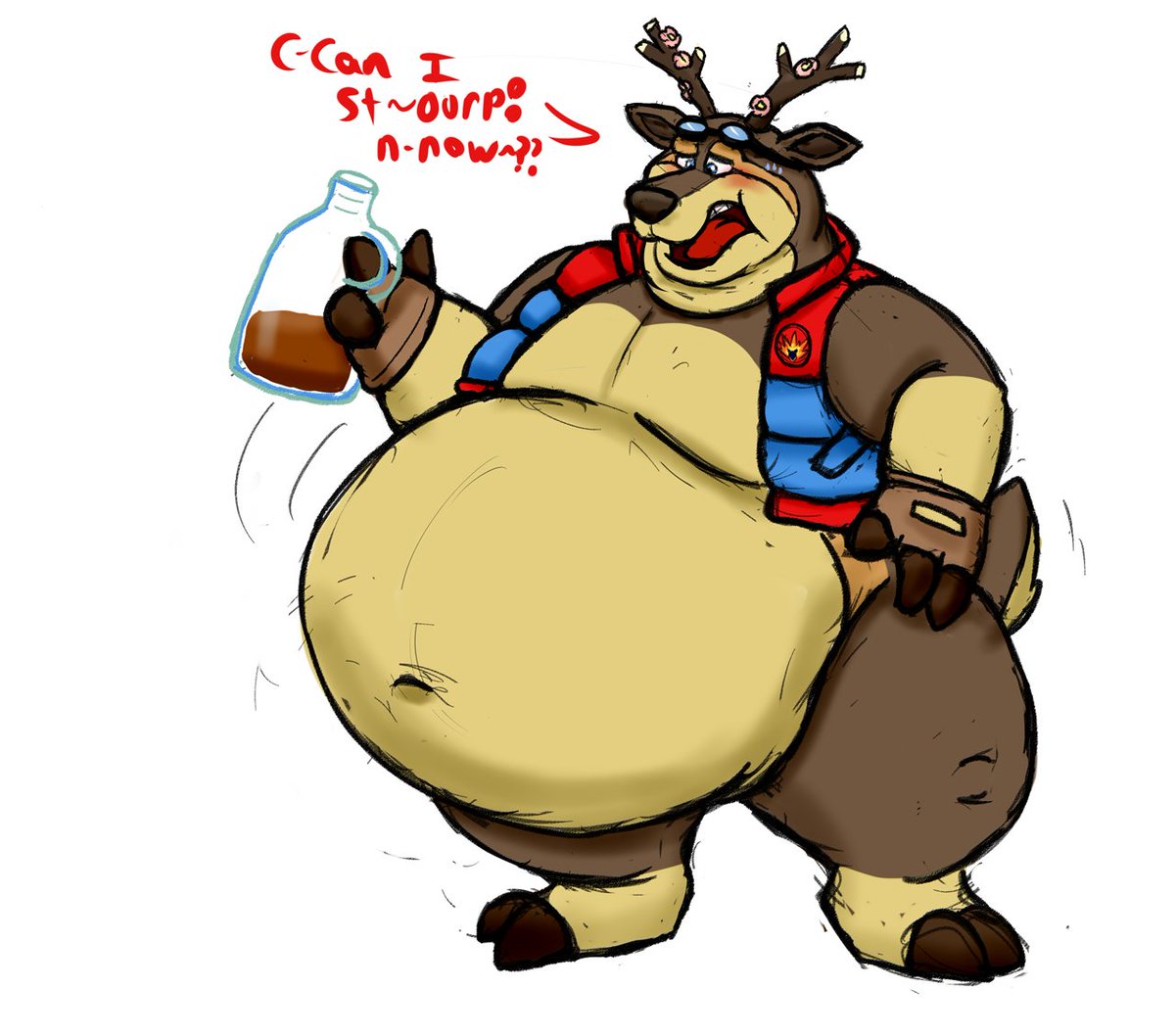 DatBlueYoshi's tweet image. One of my quick, messy sketches. Can't help myself, I love making Blitz a big fat doof~ (as Sawsbuck, he has the Sap Sipper ability, so he gets big when he consumes syrup. Yep, that's my logic~. And it looks like someone wants him big!)