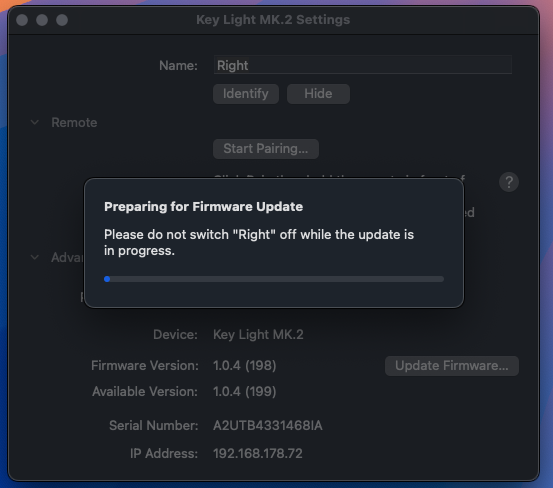 Hey <a href="/elgato/">Elgato</a>, I'm gonna have to turn it off - your firmware update from 1.0.4 (198) to 1.0.4 (199) has hung (been like this for 15 minutes). Hope it doesn't brick my lights!!