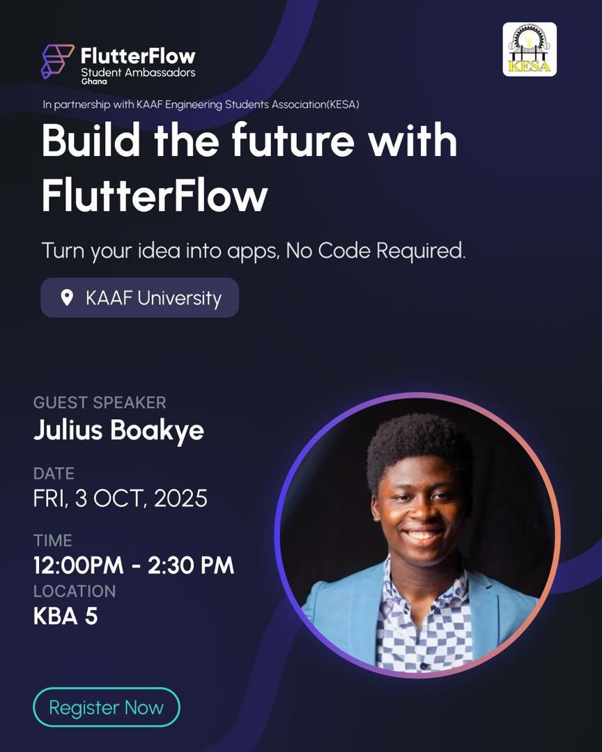 flutterflowsagh's tweet image. 🚀 Ready to build apps — no code needed! Join us Oct 3, 2025, 12‑2:30 PM at KAAF University. Guest speaker @KayTechie will show how to create professional apps fast.
Bring your laptop!
🎉 Secure your spot: forms.gle/aAv9oRACCUxsBp…