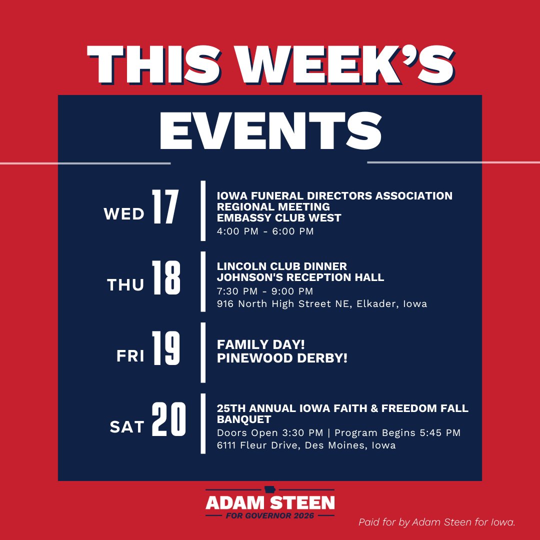 adamsteen's tweet image. It’s an exciting week for Team Steen! I’d love to connect with you at one of our stops, together we’re speaking truth and protecting Iowa’s future.

#SteenForGovernor #WinLeadWork #TimeForTruth