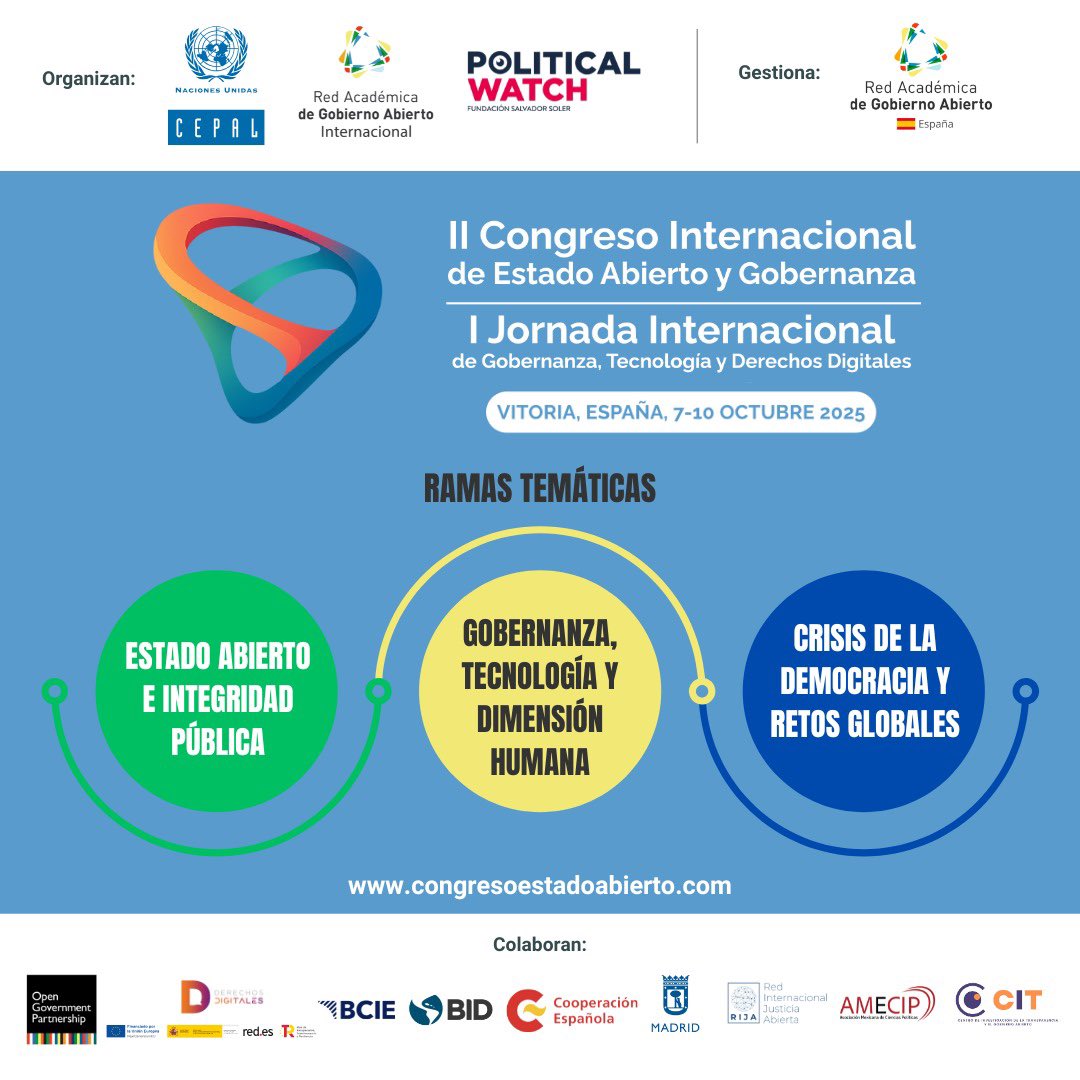 Inscríbete🙋🏻‍♀️ en el II Congreso Internacional de Estado Abierto y Gobernanza y I Jornada Internacional de Gobernanza, Tecnología y Derechos Digitales para dialogar sobre crisis de la #democracia y otros temas del 7️⃣ al 🔟 de octubre.

🔗 congresoestadoabierto.com

#DíaDeLaDemocracia
