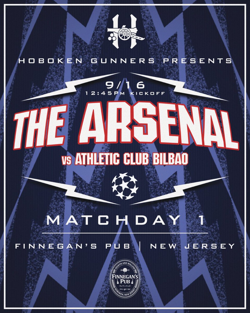 We’re back in action tomorrow in the Champions League 12.45pm EST kick off <a href="/Finnegans_Pub/">Finnegan's Pub</a> ⚽️ 🔴⚪️🍺

<a href="/Arsenal/">Arsenal</a> <a href="/ArsenalNYC/">Arsenal NYC</a> <a href="/ChampionsLeague/">UEFA Champions League</a> <a href="/CityofHoboken/">City of Hoboken</a> <a href="/JerseyCity/">City of Jersey City</a> <a href="/njdotcom/">njdotcom</a>