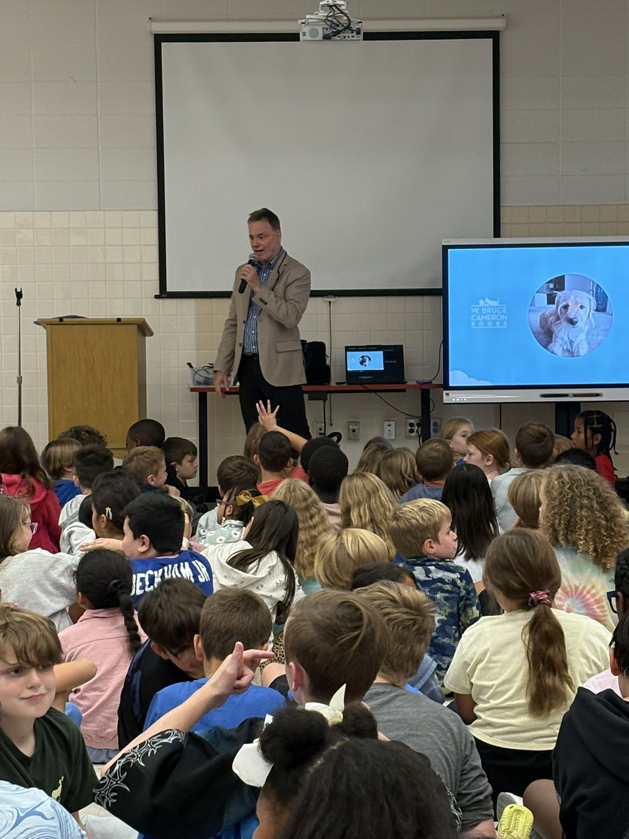 tullylmc's tweet photo. Tully Tigers had the honor of having author and screenwriter, @wbrucecameron visit our school today. They could not contain their excitement over his many books. Many of us are looking forward to attending the Barnes and Noble signing Tuesday evening! @tullyelemjcps @JCPS_LMS https://t.co/oKgU2U8ant