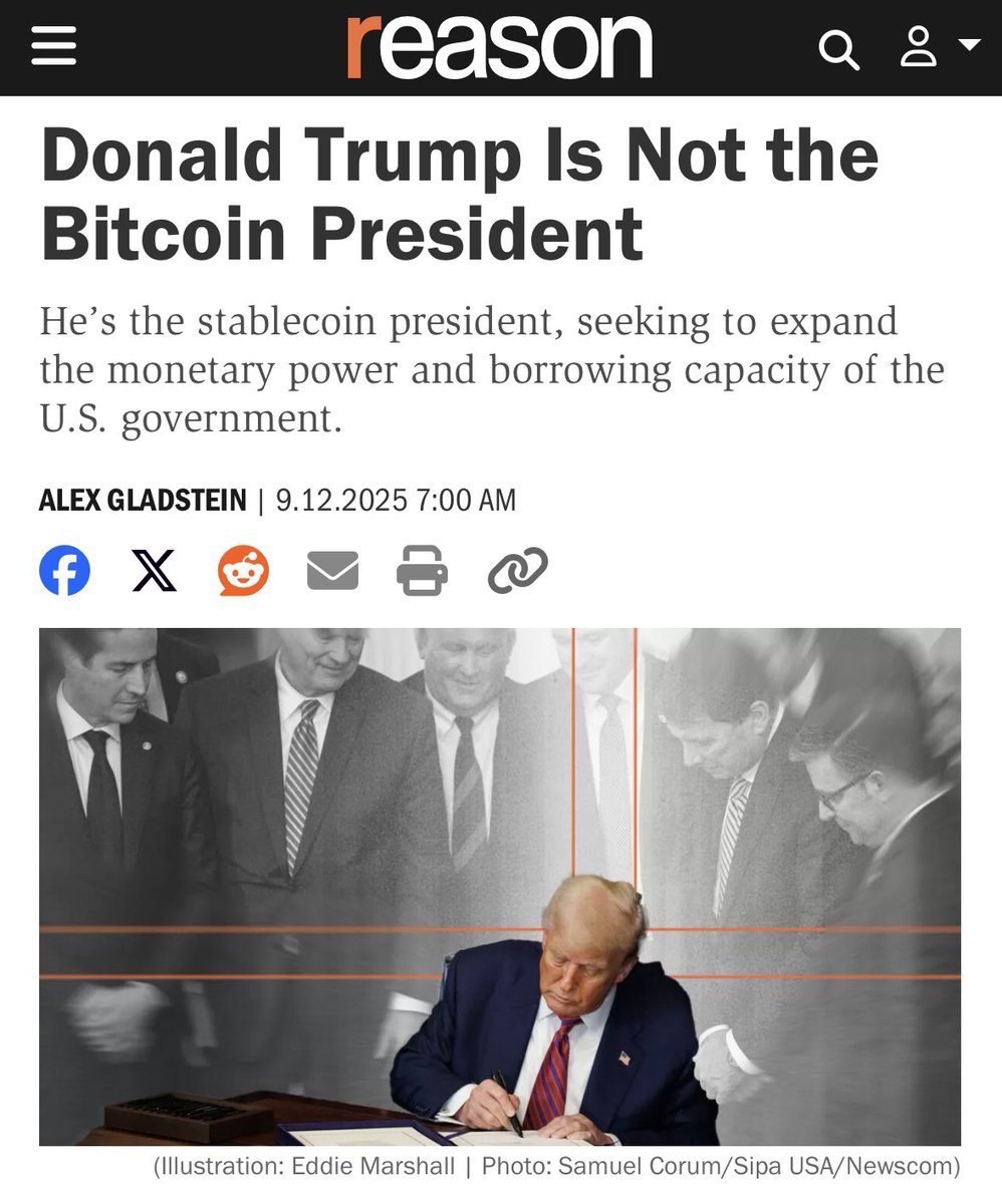 New essay up at <a href="/reason/">reason</a> about how stablecoins have evolved from obscure tool to key pillar of US economic power

Bitcoin separates money from state, but stablecoins do the opposite, expanding the fiat system
