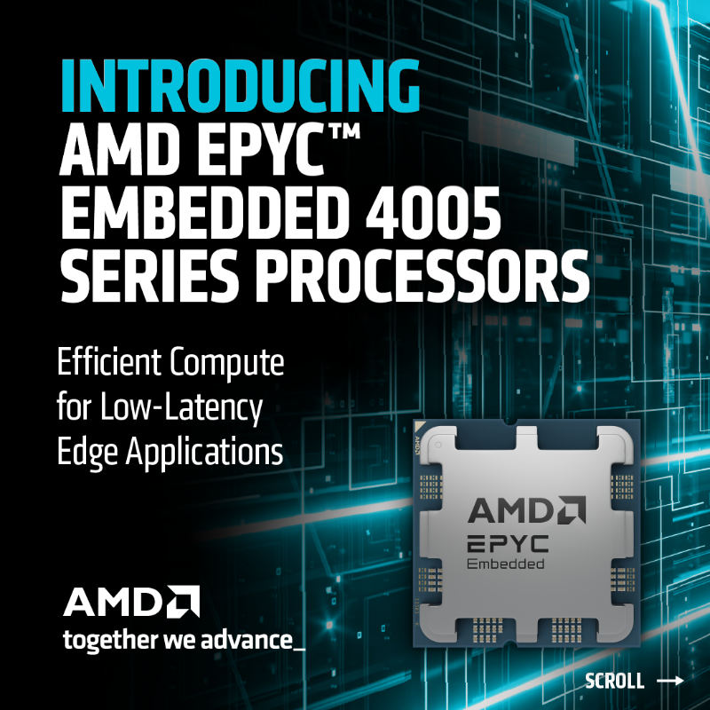 AMDembedded's tweet photo. AMD unveils the EPYC Embedded 4005 Series for low-latency edge computing. With up to 16 “Zen 5” cores, PCIe 5, DDR5, and 7 years availability, it delivers scalable performance, efficiency, security, and reliability for networking and industrial control. https://t.co/IeYWKGSGb6