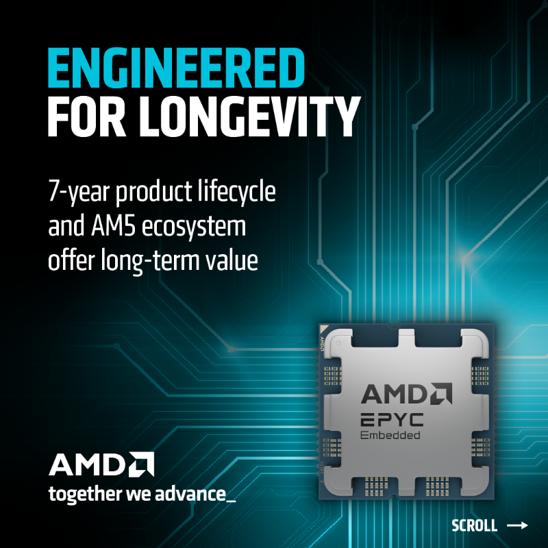 AMDembedded's tweet photo. AMD unveils the EPYC Embedded 4005 Series for low-latency edge computing. With up to 16 “Zen 5” cores, PCIe 5, DDR5, and 7 years availability, it delivers scalable performance, efficiency, security, and reliability for networking and industrial control. https://t.co/IeYWKGSGb6