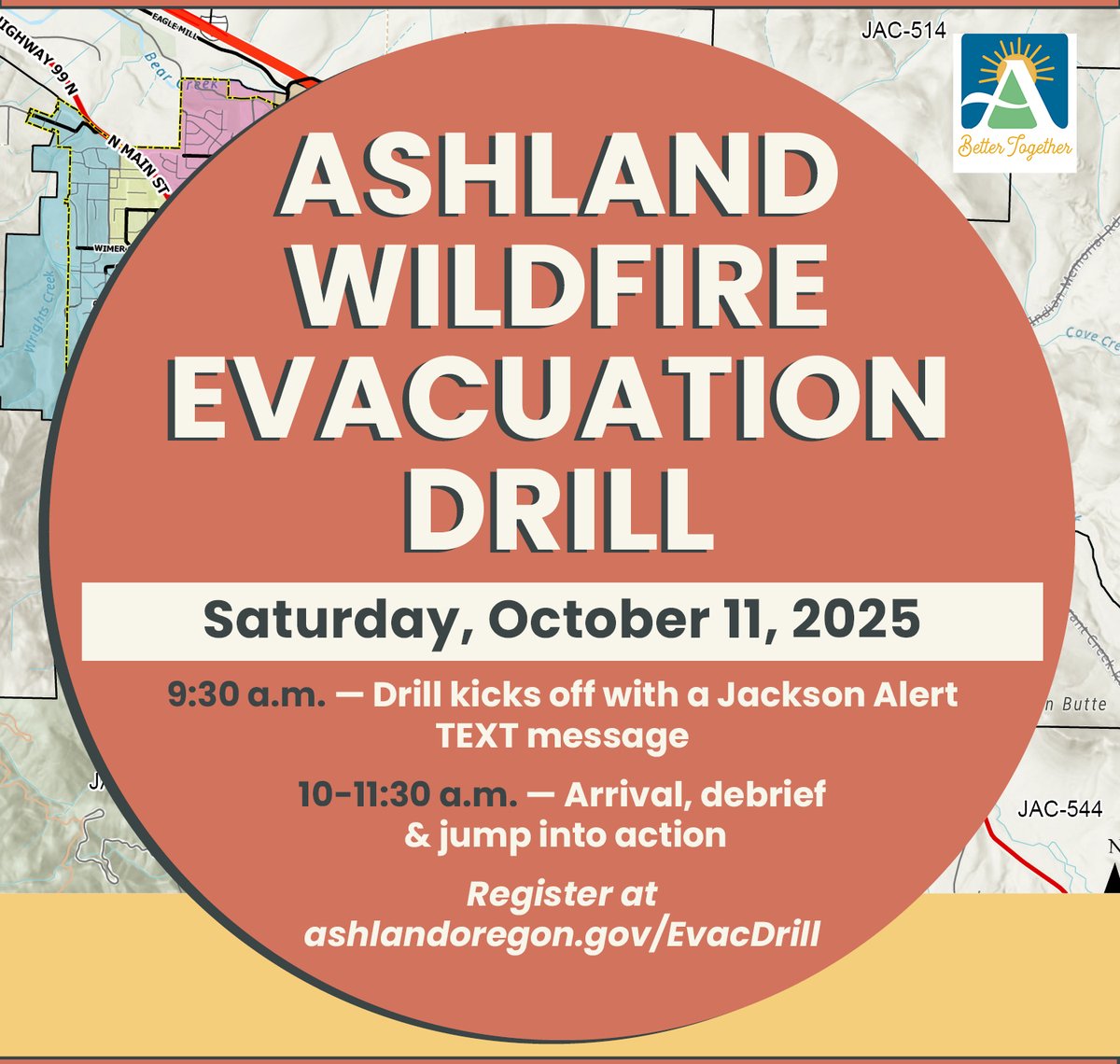 City of Ashland, OR (@cityofashland) on Twitter photo When wildfire strikes, preparation saves lives. Join the Ashland Wildfire Evacuation Drill, Oct 11. Register at ashlandoregon.gov/CivicAlerts.as….   #CityofAshlandOregon #BetterTogether  #BetterPrepared #AshlandEvacuation #AshlandEvacuationDrill #AshlandEvacs #EmergencyPreparedness When wildfire strikes, preparation saves lives. Join the Ashland Wildfire Evacuation Drill, Oct 11. Register at ashlandoregon.gov/CivicAlerts.as….   #CityofAshlandOregon #BetterTogether  #BetterPrepared #AshlandEvacuation #AshlandEvacuationDrill #AshlandEvacs #EmergencyPreparedness