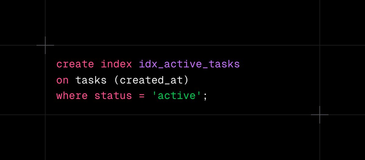 dshukertjr's tweet image. Adding indexes is critical for ensuring the database stays performant, but sometimes you don't need to index all the rows.
Use a partial index, which ensures faster queries than a regular index and saves storage space!
Great for querying with the same WHERE clause repeatedly!
