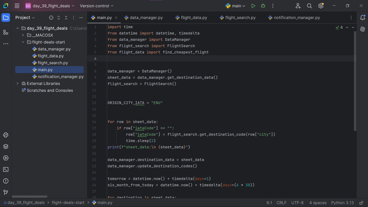 bluedev_py's tweet image. Day 39/100 – Intermediate+
> Capstone Project (Part 1): Flight Deal Finder ✈️
#100DaysOfCode
#pythonprogramming
#pythononlinetraining