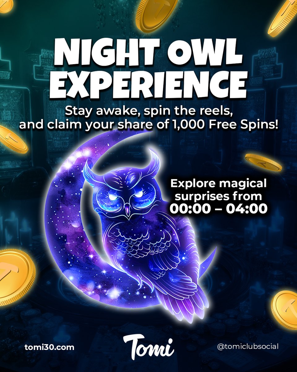 tomiclubsocial's tweet image. 🌌 NIGHT OWL EXPERIENCE ✨

The night is yours to shine between 00:00 – 04:00!

✨ Deposit &amp;amp; claim magical free spins

#TomiClub #SweetWins #MidnightMagic
#DoubleDelight #MaldivesCasino #PlayToWin
#SurpriseBonuses #TomiClub #FreeSpins
#DepositAndWin #MaldivesCasino #SlotGames