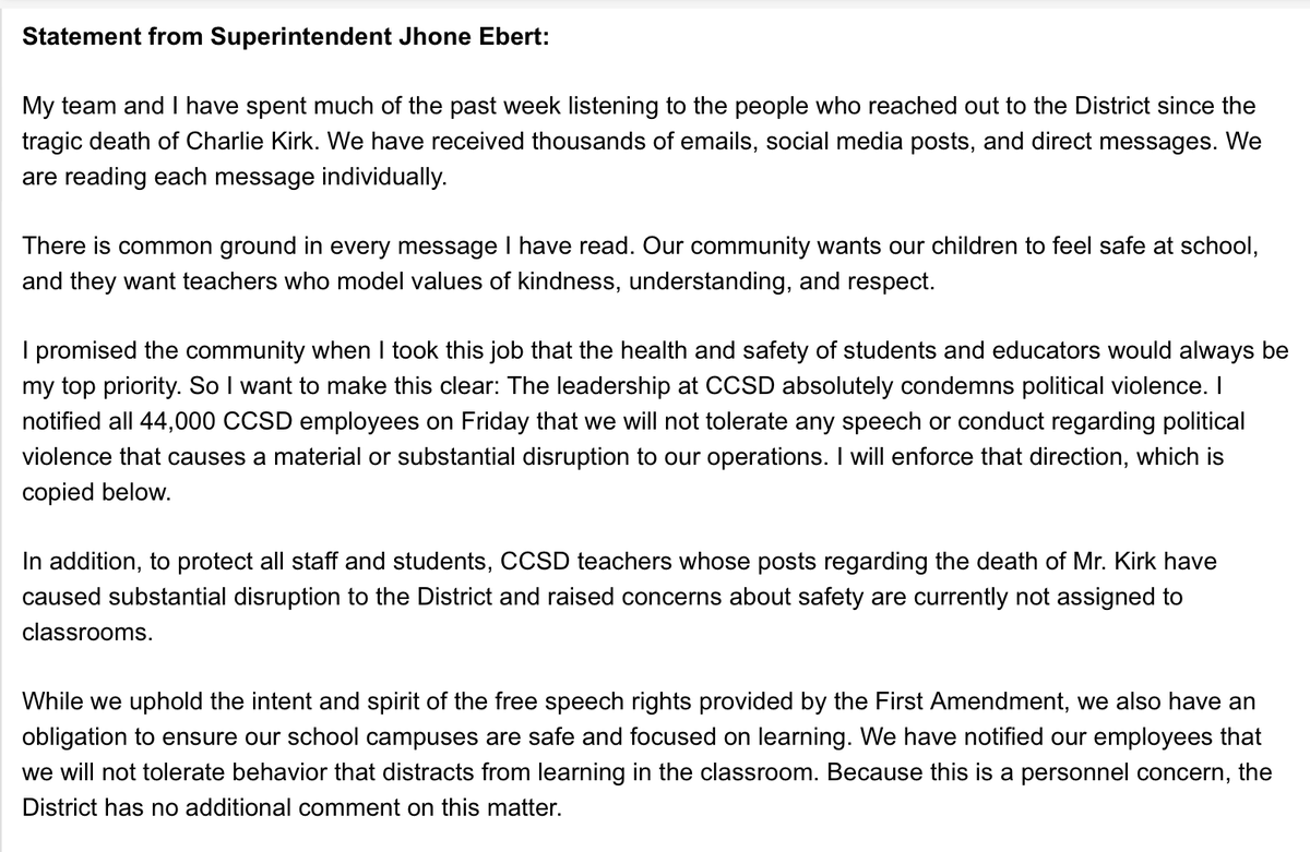 HillaryLVSun's tweet photo. Follow-up from CCSD re: Kirk posts
➡️Teachers whose posts have caused "substantial disruption to the District and raised concerns about safety are currently not assigned to classrooms."
➡️They uphold the intent, spirit of the 1A, also ensure schools are safe, focused on learning https://t.co/zVotTRwoFq