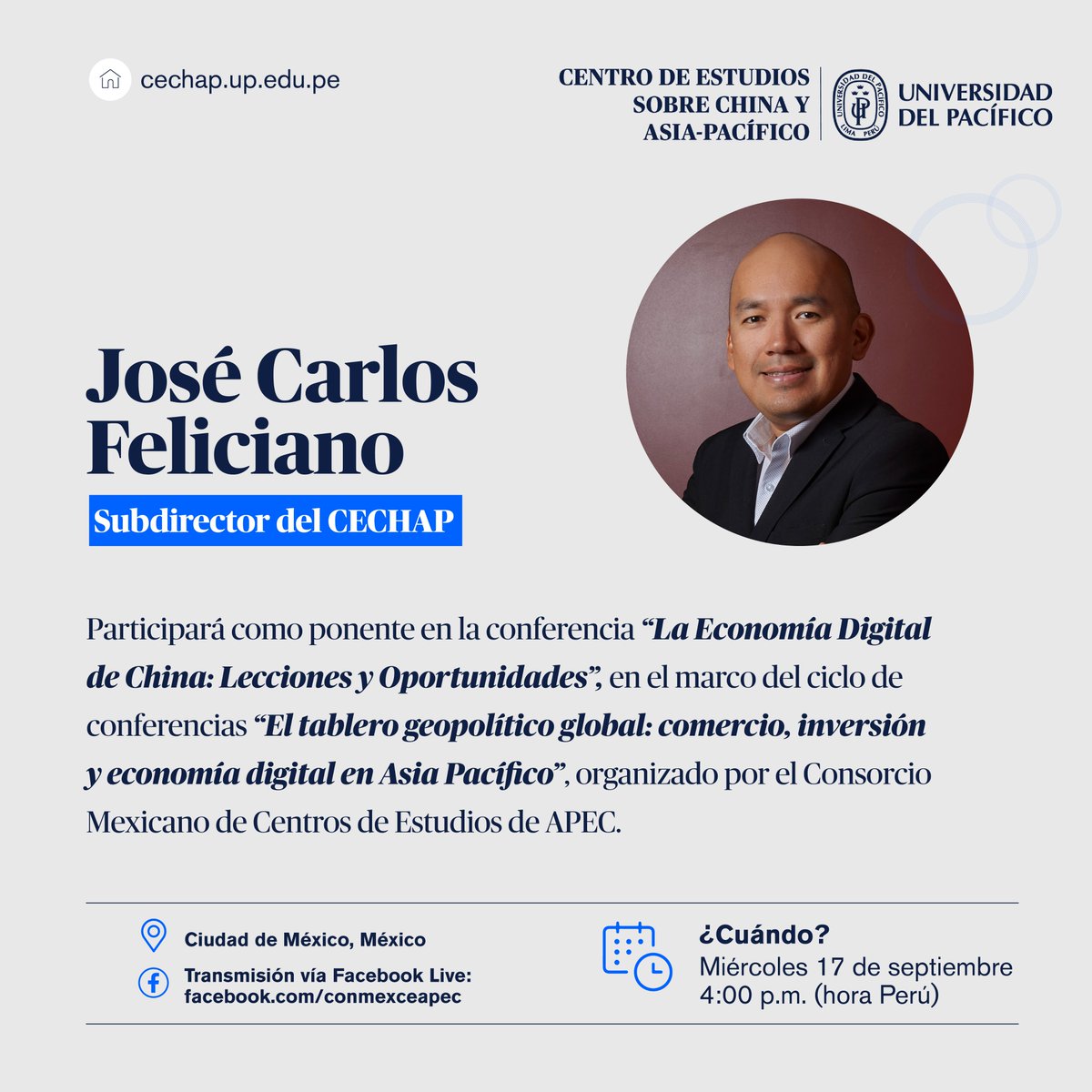 Cechap_Up's tweet image. 🌏  @JoseC_Feliciano, subdirector del CECHAP, participará en el ciclo de conferencias del Consorcio Mexicano de Centros de Estudios de APEC (@conmexceapec)  con la ponencia: “La Economía Digital de China: Lecciones y Oportunidades”
📅 17/09 – 4 p.m.
🔗 facebook.com/conmexceapec