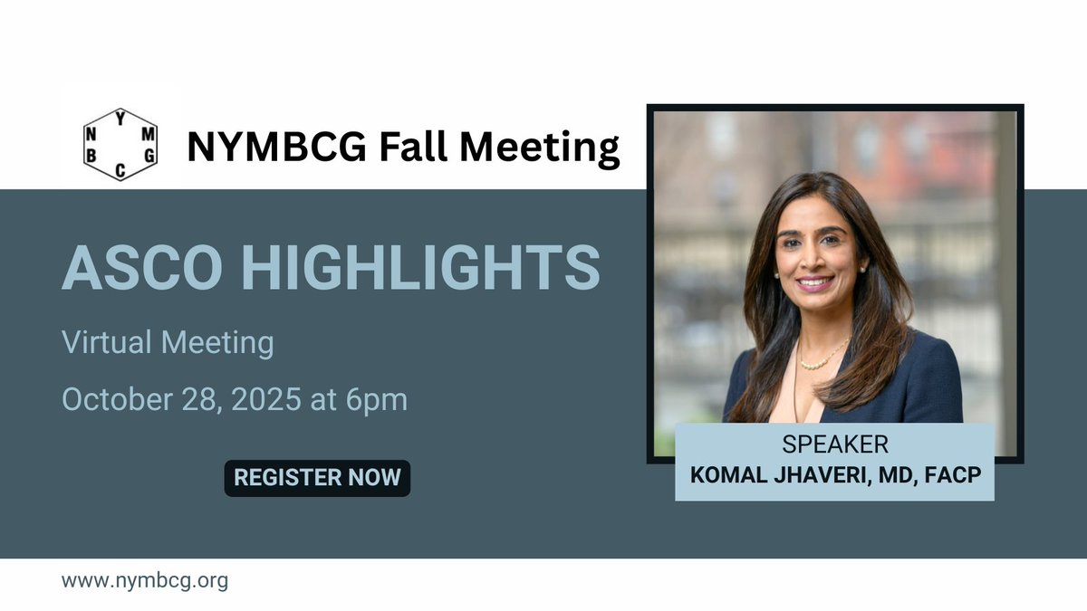 Happy Fall! 🍂 Join us for our virtual NYMBCG Fall Meeting - 'ASCO Highlights' with the esteemed Dr. Komal Jhaveri from Memorial Sloan Kettering Cancer Center on Tuesday 10/28. Register below: 
us06web.zoom.us/meeting/regist…