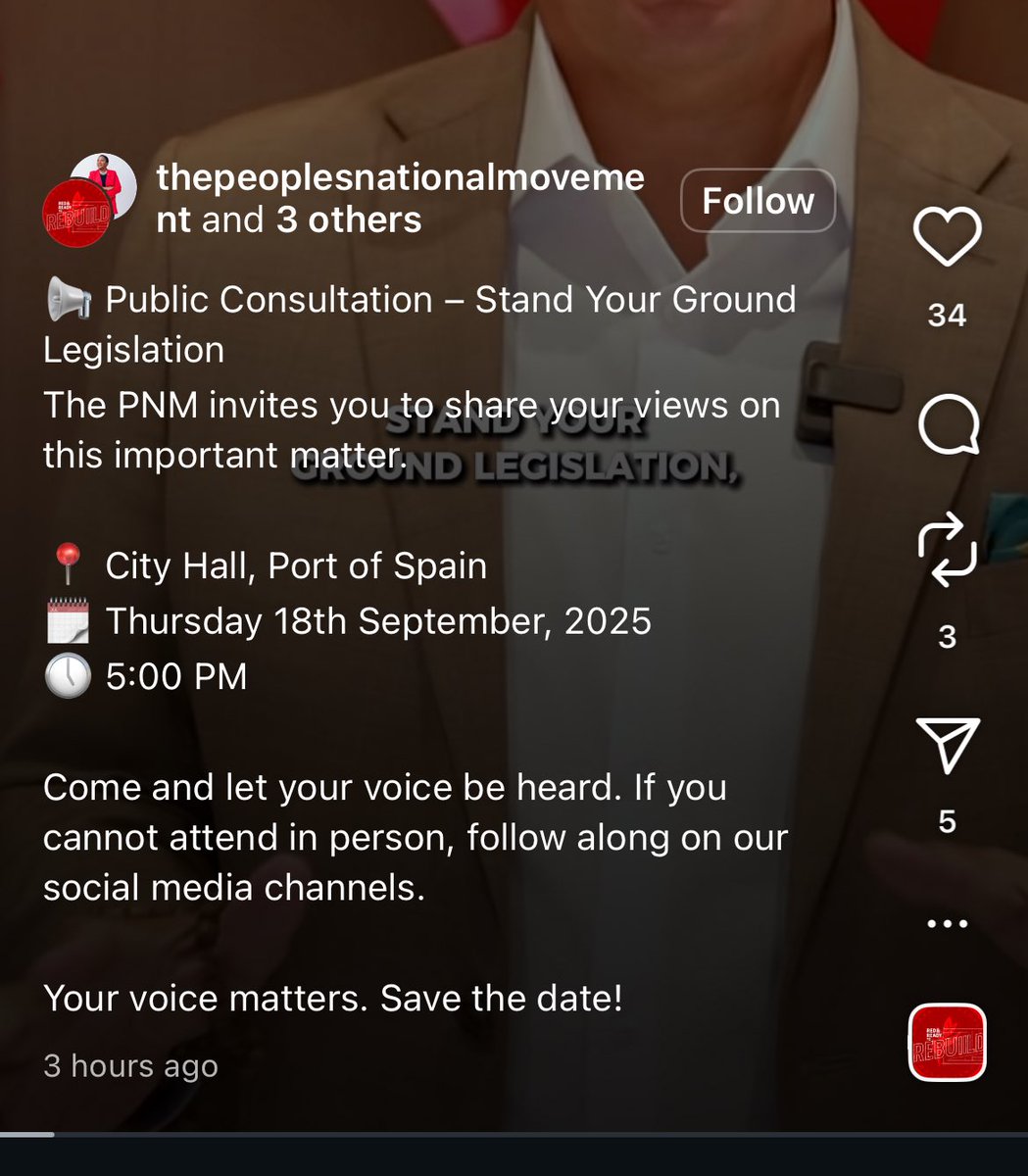 Don’t forget the Public Consultation- Stand Your Ground Legislation is this week in PoS. 
Thursday18th| City Hall PoS| 5:00pm

It’s quite critical that this is not viewed as something to only discuss on social media. 

This legislation will reshape our society if enacted.