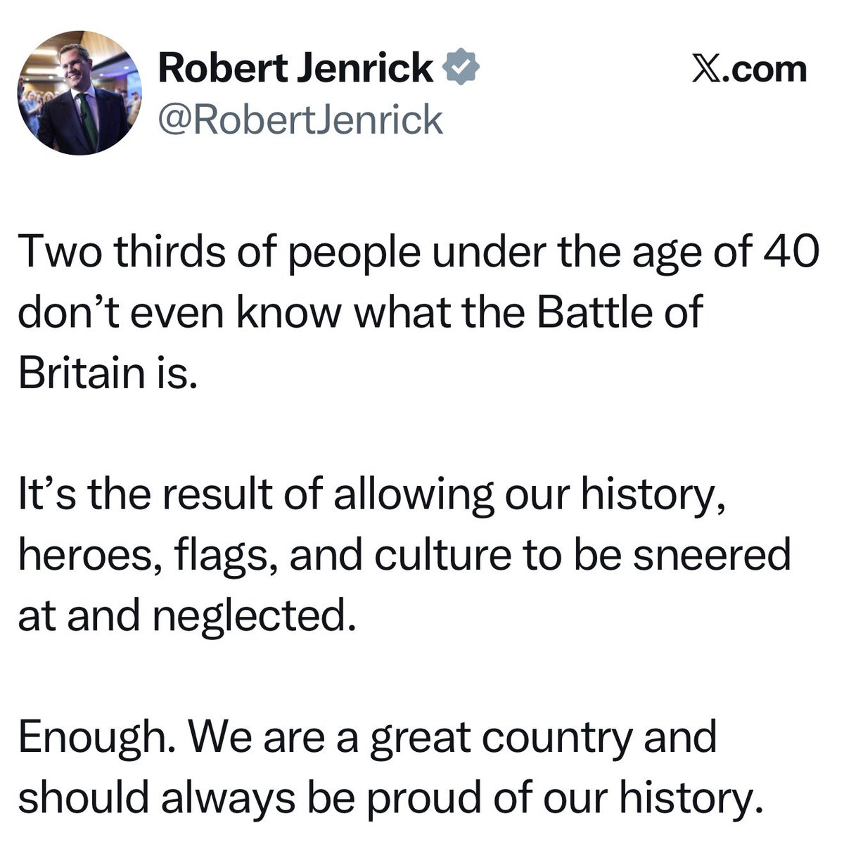 James Ridge (@ridgeworks) on Twitter photo Here we have <a href="/RobertJenrick/">Robert Jenrick</a> complaining that people don’t know what the Battle of Britain is.
While also seemingly forgetting that his party was in government for 14 years, and therefore responsible for setting the history curriculum in schools.
The faux outrage is comical. Here we have <a href="/RobertJenrick/">Robert Jenrick</a> complaining that people don’t know what the Battle of Britain is.
While also seemingly forgetting that his party was in government for 14 years, and therefore responsible for setting the history curriculum in schools.
The faux outrage is comical.
