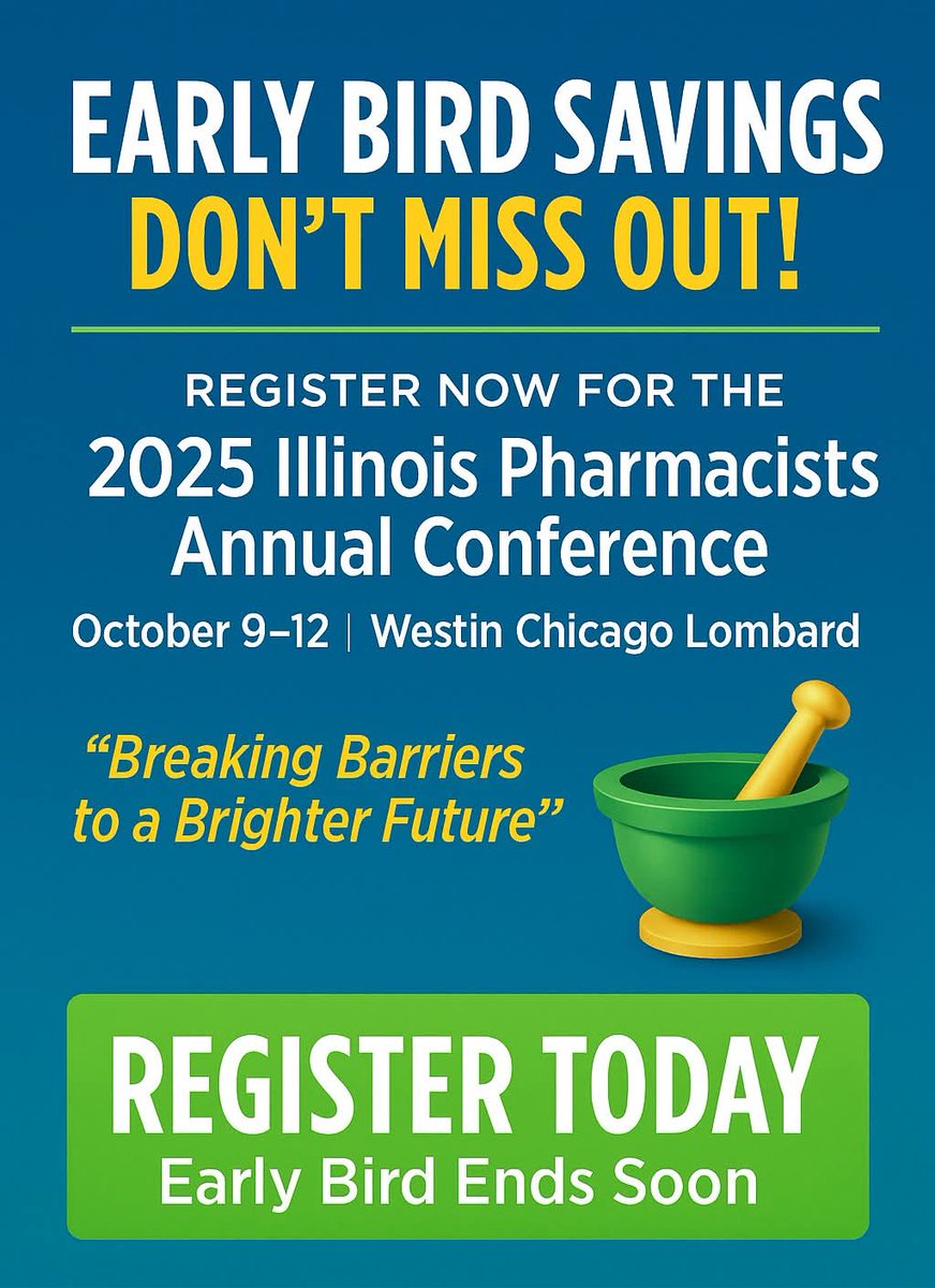 ILPharmacists's tweet photo. ⏰ Time is running out! Don’t miss your chance to save!

Secure your spot today, connect with colleagues, and gain the CPE you need to strengthen your practice.

👉 Register now before the Early Bird deadline! https://t.co/MrRAoegS4z

#IPhA2025 #ILPharmacists #BreakingBarriers https://t.co/JH9aa4F4RK