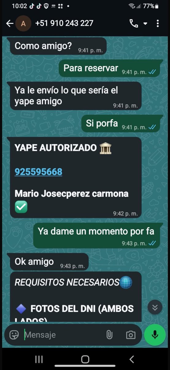 Portilletti's tweet photo. ESTAFADORES SE ESTÁN SUPLANTANDO MI IDENTIDAD  (2/6)   El yape 925595668 y Bcp de la cuenta FAKE salen a nombre de MARIO JOSÉ PEREZ CARMONA y en su perfil sale de Rezzio Motocicletas el cual también están suplantándo la identidad de esa tienda con otros números. APPLETEC ESTAFA https://t.co/L68l0z0j2T