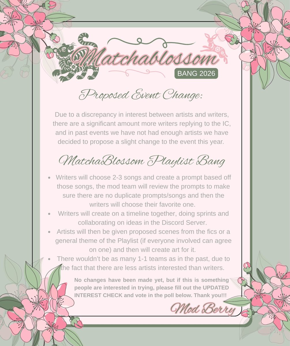 hello matchablossoms! after ~24 hours the IC has indicated that we have more writers than artists interested, so we propose an event change🍵🌸

the ic is updated and will be open until 9/25, please fill it out with your thoughts ⬇️

#matchablossom #joecherry #mbbang2026