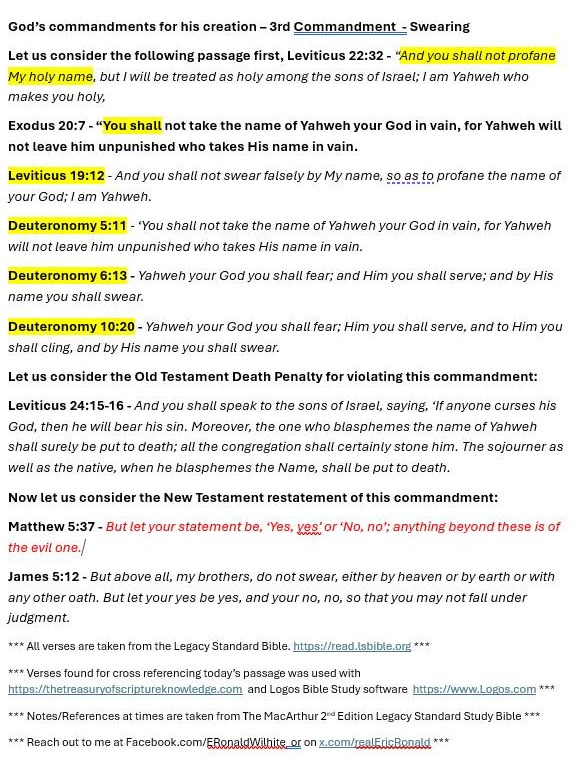 The 3rd Commandment - Using God's name in vain

Exodus 20:7 - “You shall not take the name of Yahweh your God in vain, for Yahweh will not leave him unpunished who takes His name in vain.

To “take the name of the LORD in vain” includes using God’s holy name carelessly,