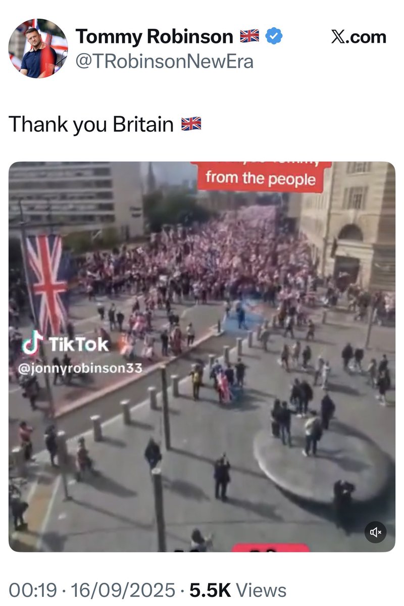 Well that’s embarrassing, Tommy Robinson’s latest post has just disproved his own 3 Million people claim. 

It’s shows the back of the march passing over Westminster Bridge, given the march ended in Whitehall, it backs up the police estimate of 110,000.