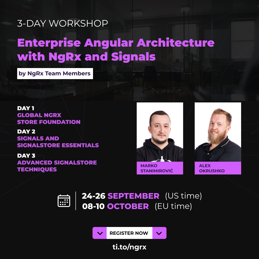 NgRx (@ngrx_io) on Twitter photo 🚨 Final chance to join the official NgRx workshops in 2025!
"Enterprise Angular Architecture with NgRx & Signals" - 3 days of hands-on learning with NgRx team members <a href="/MarkoStDev/">Marko Stanimirović</a> and <a href="/AlexOkrushko/">Alex Okrushko 🇺🇦</a>. 
📅 Sept 24–26 (US) | Oct 8–10 (EU)
👉 ti.to/ngrx
#Angular #NgRx 🚨 Final chance to join the official NgRx workshops in 2025!
"Enterprise Angular Architecture with NgRx & Signals" - 3 days of hands-on learning with NgRx team members <a href="/MarkoStDev/">Marko Stanimirović</a> and <a href="/AlexOkrushko/">Alex Okrushko 🇺🇦</a>. 
📅 Sept 24–26 (US) | Oct 8–10 (EU)
👉 ti.to/ngrx
#Angular #NgRx