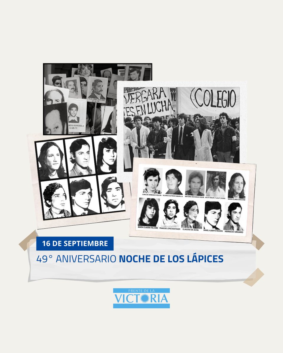 ✏️ • 16 de septiembre 49 años de #LaNocheDeLosLápices.

El mejor homenaje a aquellos jóvenes desaparecidos es defender la educación pública, involucrarse y militar por un país mejor.