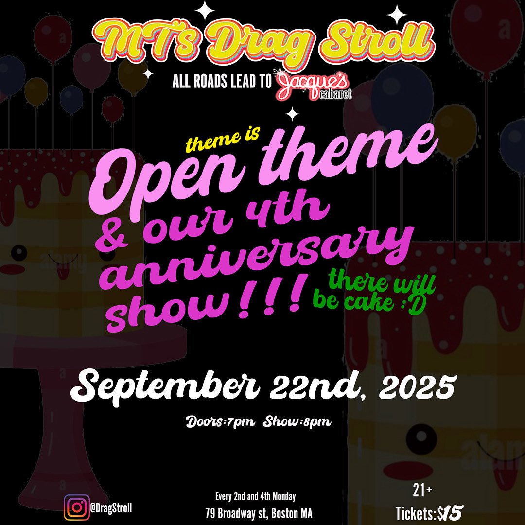 ⭐️⭐️⭐️⭐️ 4TH
STROLLAVERSARY
MONDAY 9/22 
<a href="/Jacques_Cabaret/">Jacques_Cabaret</a> 
there will be cake
SIGNUPS OPEN!
@dragstroll on the instantaneous gram 🤩