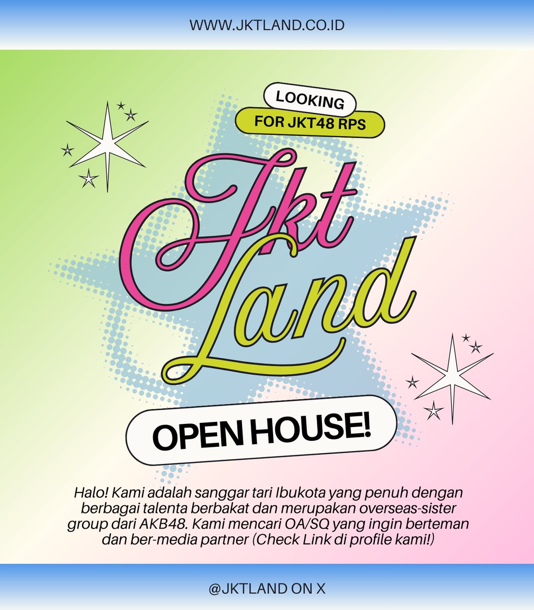 ㅤ
Alunan lagu nan lembut menyusuri, Sanggar Tari Ibukota 𝗝𝗞𝗧𝗟𝗮𝗻𝗱 memanggilmu! (☎️💬.) Kami mencari peraga wajah JKT48 untuk bergabung bersama, dan turut menerima agensi maupun squad yang ingin bertukar relasi dengan kami <Cek Profil>. Kami akan menunggumu! ... ♥️
ㅤ️️