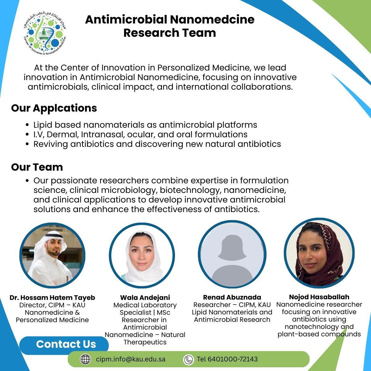 CIPM_KAU's tweet photo. الفريق البحثي في مجال علاجات طب النانو المضادة للميكروبات بمركز الابتكار في الطب الشخصي. أبحاث متقدمة ومتخصصة، ورش عمل متخصصة، خدمات بحثية متقدمة، كفاءة عالية في تقييم ودراسة المضادات الواعدة للميكروبات. @kauedu_sa https://t.co/IdyUZdcsj2