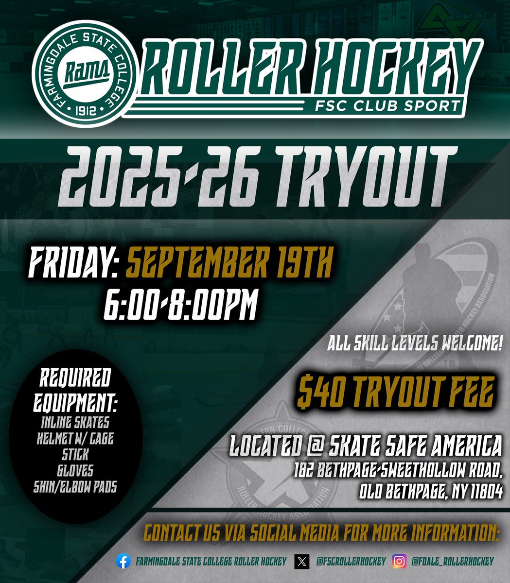 ***ANNOUNCEMENT*** 📣

Farmingdale State Roller Hockey Tryouts will be held this Friday, September 19th from 6pm-8pm @skatesafeamerica. 

Can’t wait to see you all there! 

#rollrams🐑 

Fill Out Form Below:

forms.gle/bpHxk12rBP5Wio…