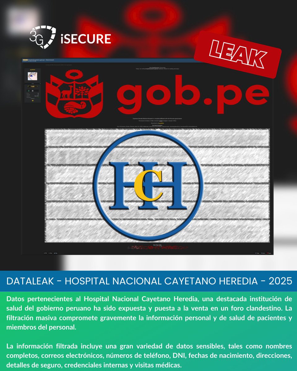 3Isecure's tweet photo. 🚨 #DataLeak en #Perú 🚨
Datos del Hospital Nacional Cayetano Heredia fueron expuestos en un foro clandestino.
📂 Información comprometida:
Nombres completos
Correos y teléfonos
DNI, direcciones y seguros
Credenciales internas y visitas médicas
#DataBreach #leakSalud #InfoSec https://t.co/mgouRReKme