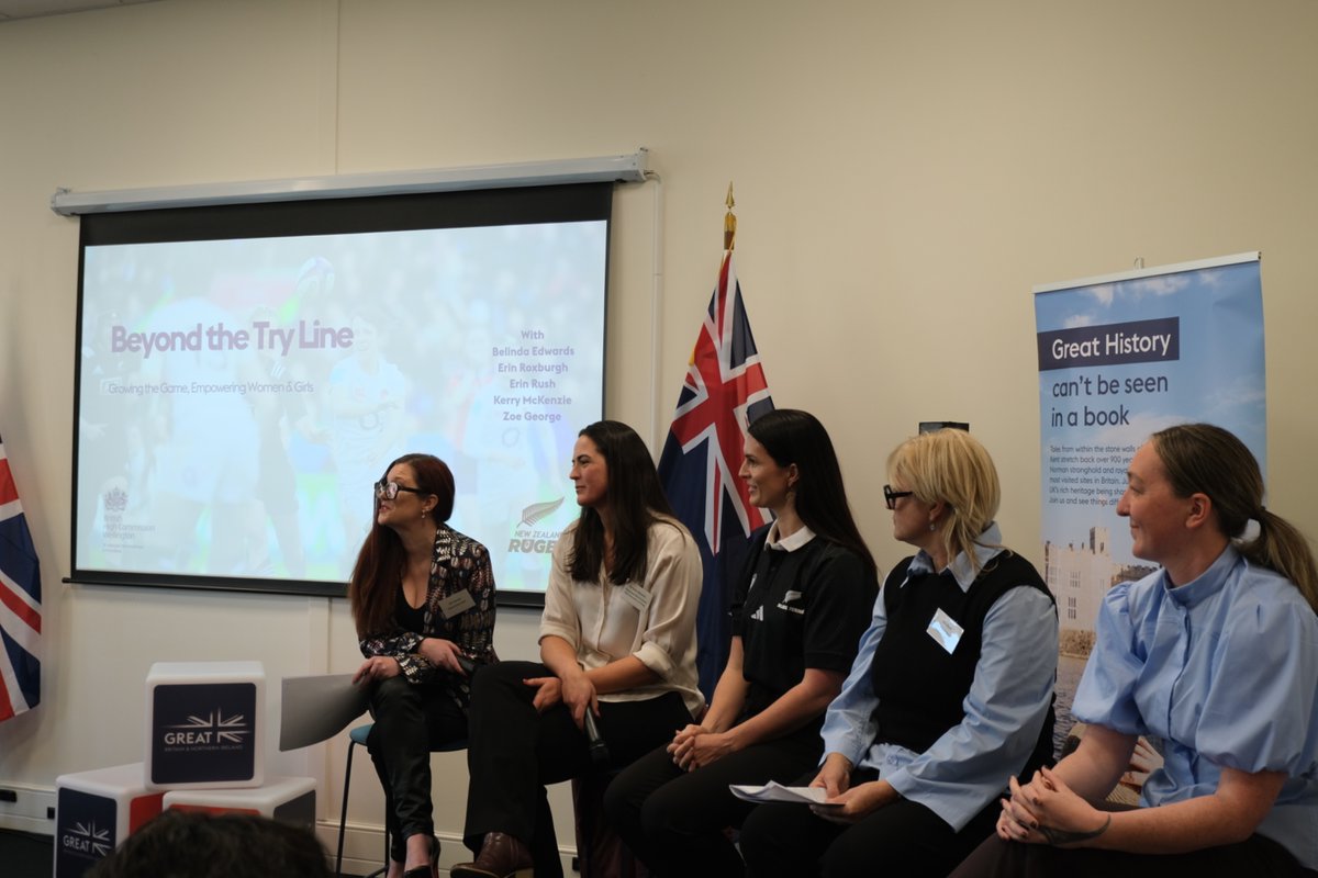 UKinNZ's tweet photo. What a day celebrating women &amp; girls in sport.  Powerful conversations on empowerment, confidence &amp; breaking barriers with inspiring panellists &amp; a vibrant room of young people, diplomats &amp; sports leaders. Thanks to all who made it an afternoon to remember! #RWC2025 #GreatSport https://t.co/wjTr9Y9c5j